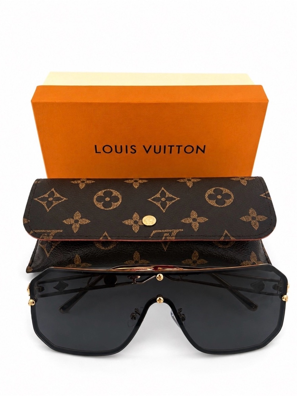Louis Vuitton Black Shield Sunglasses with Gold Accents NEW IN BOX